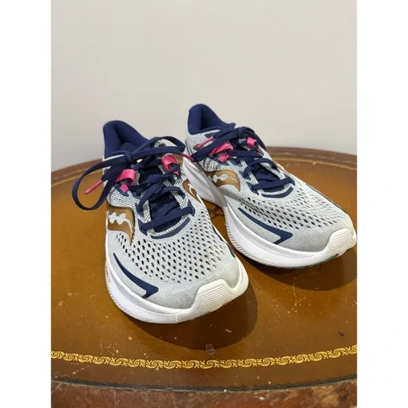 Saucony Ride 15 Running Shoes Womens 9 Grey Navy Gold S10729-40 Excellent PWRRUN - Picture 1 of 9